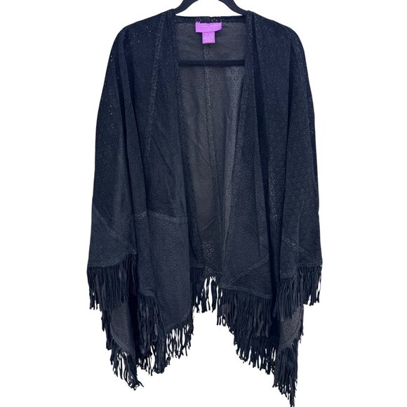 Suzanne Somers Collection Accessories - Suzanne Somers Vintage Boho Western Laser Cut Leather Fringed Poncho Wrap OS